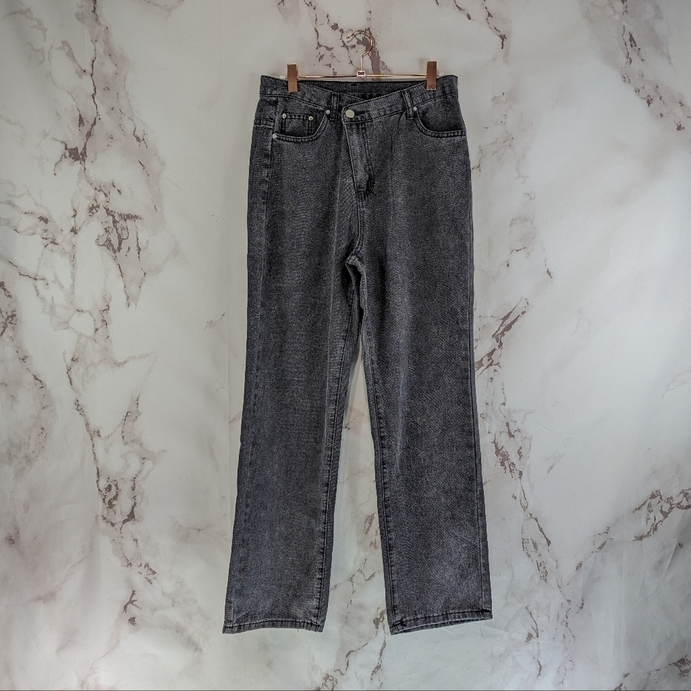 Shein Jeans Women Medium 28 X 28 Black High Rise Bootcut Denim Assymetrical Crop